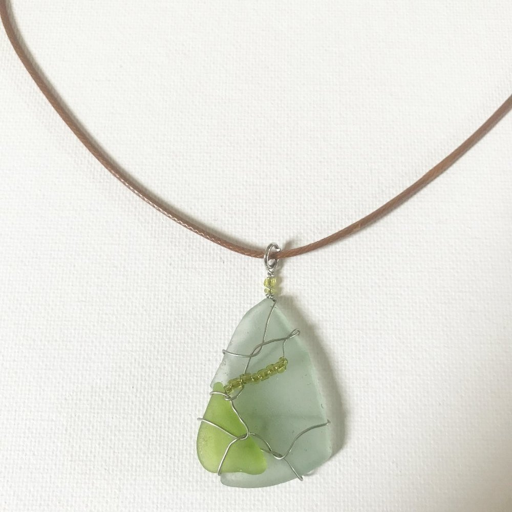 Emerald & Foam Green Sea Glass Necklace Beach Boho Mermaid Summer Ocean Surf